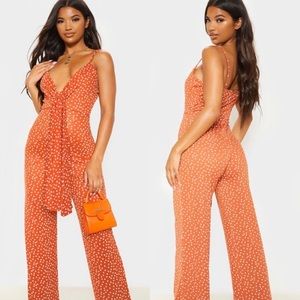 PRETTYLITTLETHING Burnt Orange Front Tie Jumpsuit